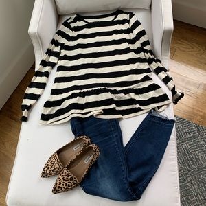 Loft Black and Cream Striped Peplum Top, Large